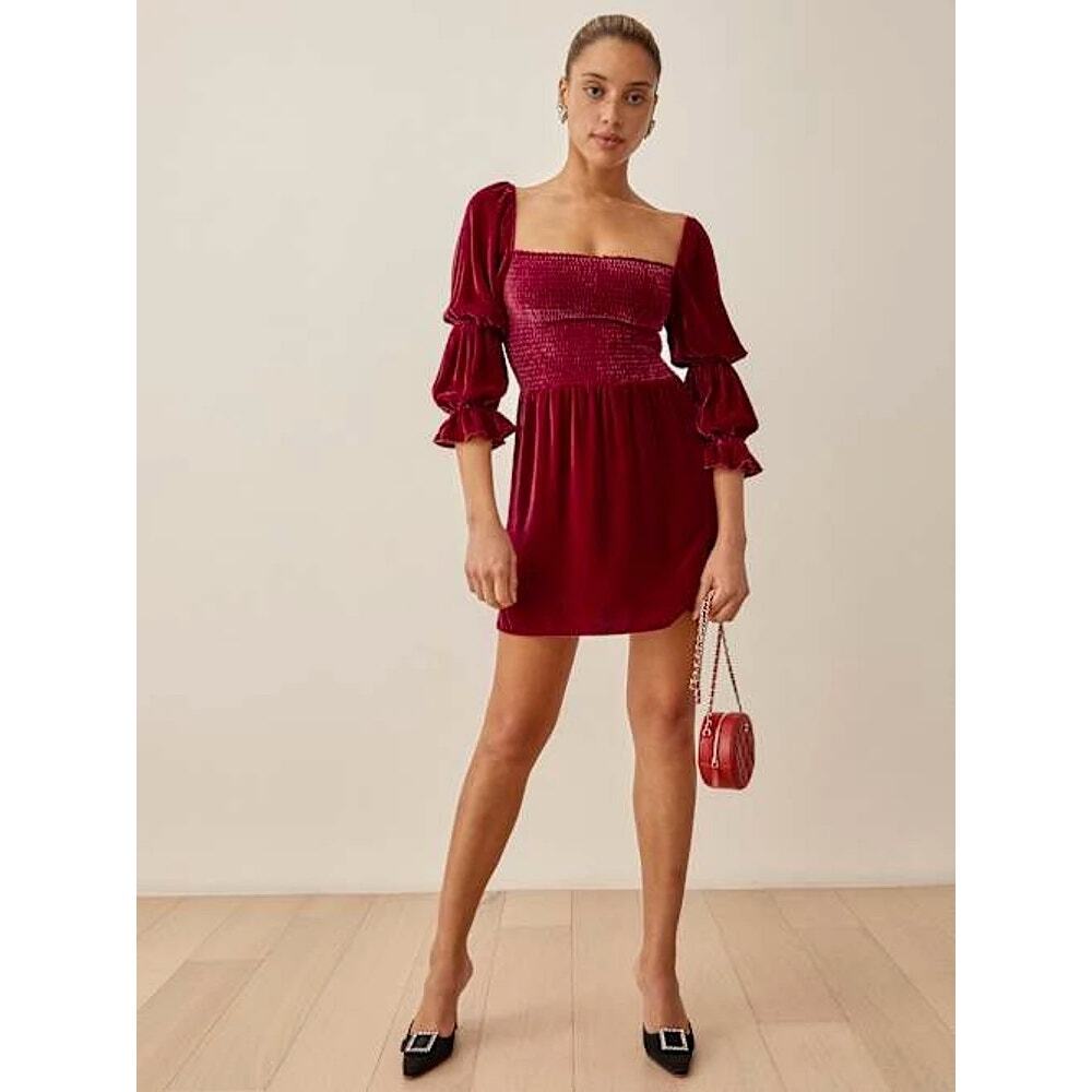 Reformation Crimson Red Velvet Smocked Mini Dress S Juliet Sleeve Whimsigoth